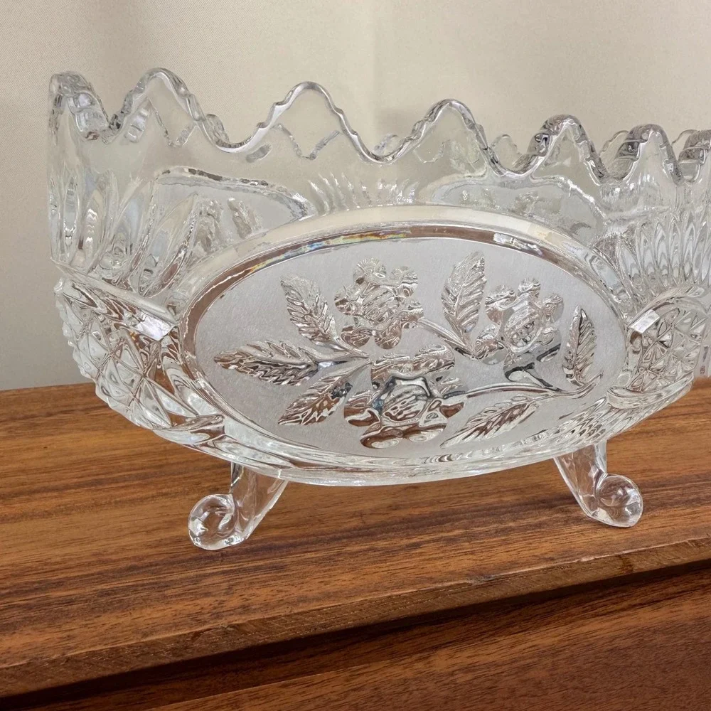 Crystal Clear Industries Flora Yugoslavia Oval Footed Bowl Frosted Rose Crystal